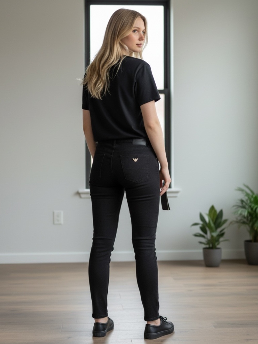 Emporio Armani Black High-Rise Skinny Jeans with Silver Logo